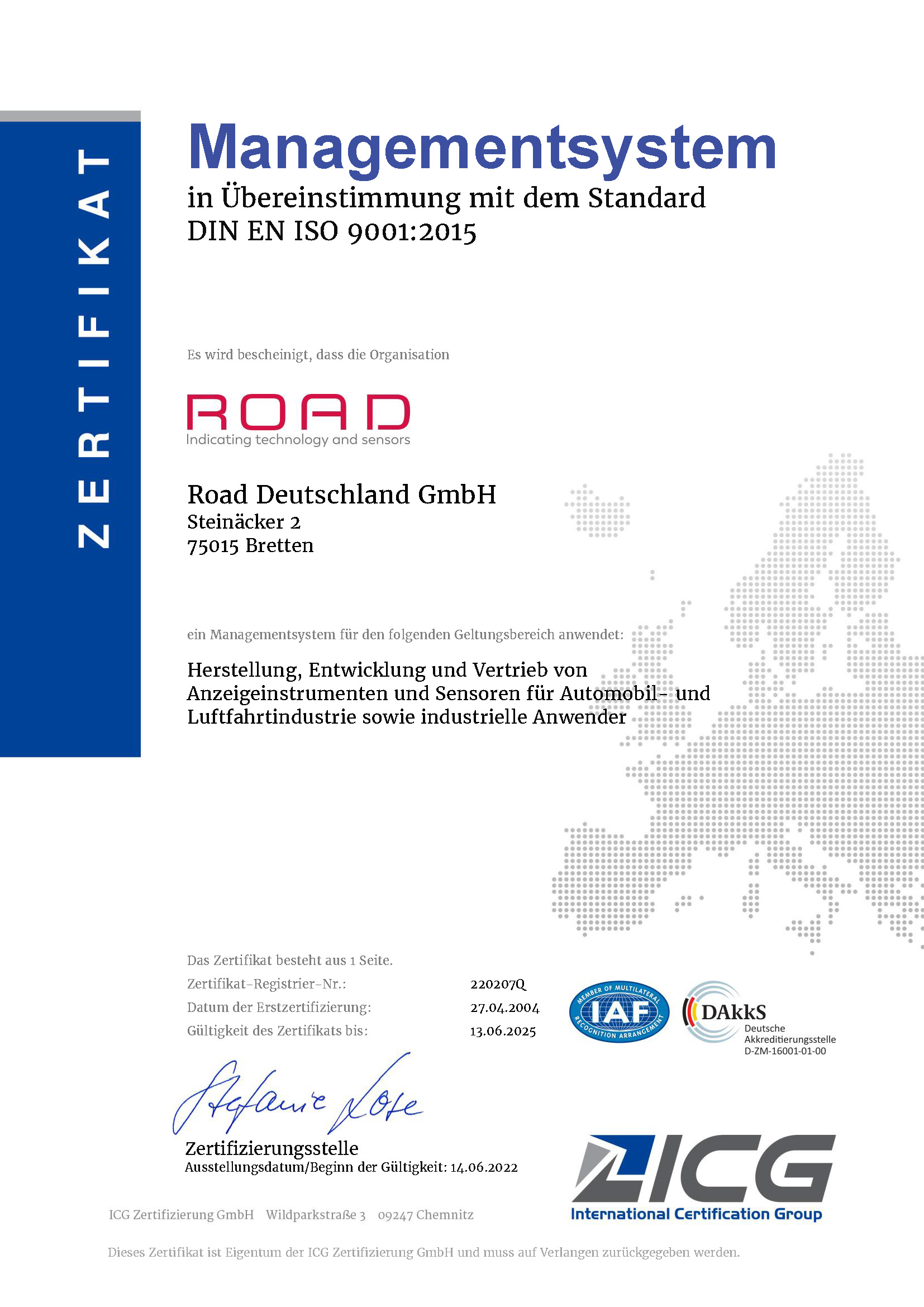 ROAD Zertifikat ISO 9001 : 2015